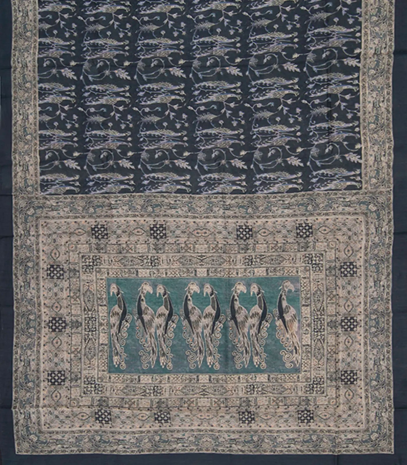 Green Muga Tussar Silk Saree With Block Print