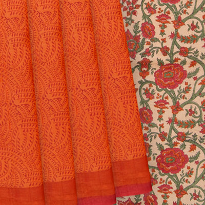 Orange Tussar Silk Saree With Block Print