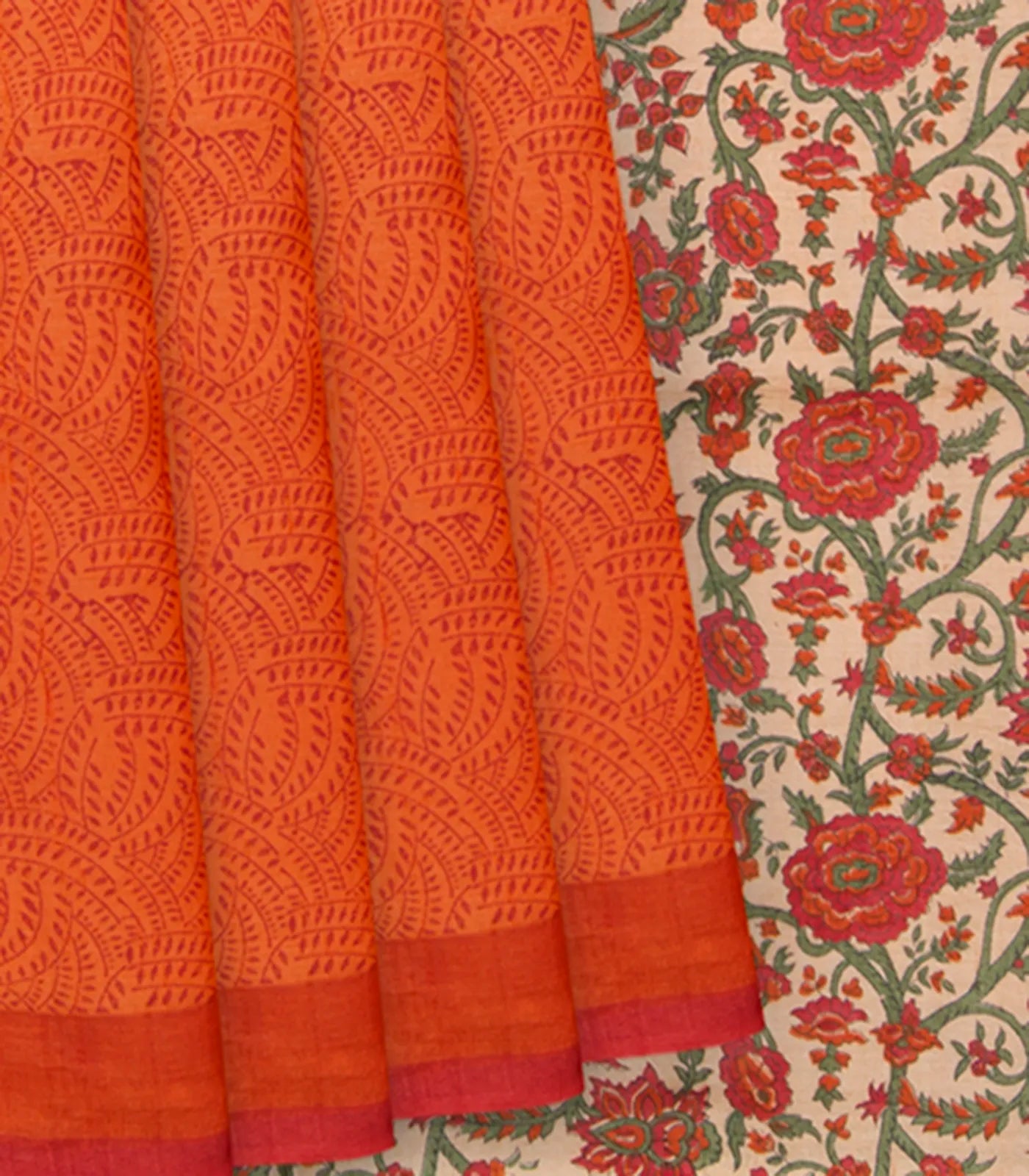 Orange Tussar Silk Saree With Block Print