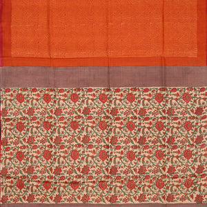 Orange Tussar Silk Saree With Block Print