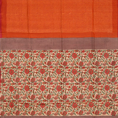 Orange Tussar Silk Saree With Block Print