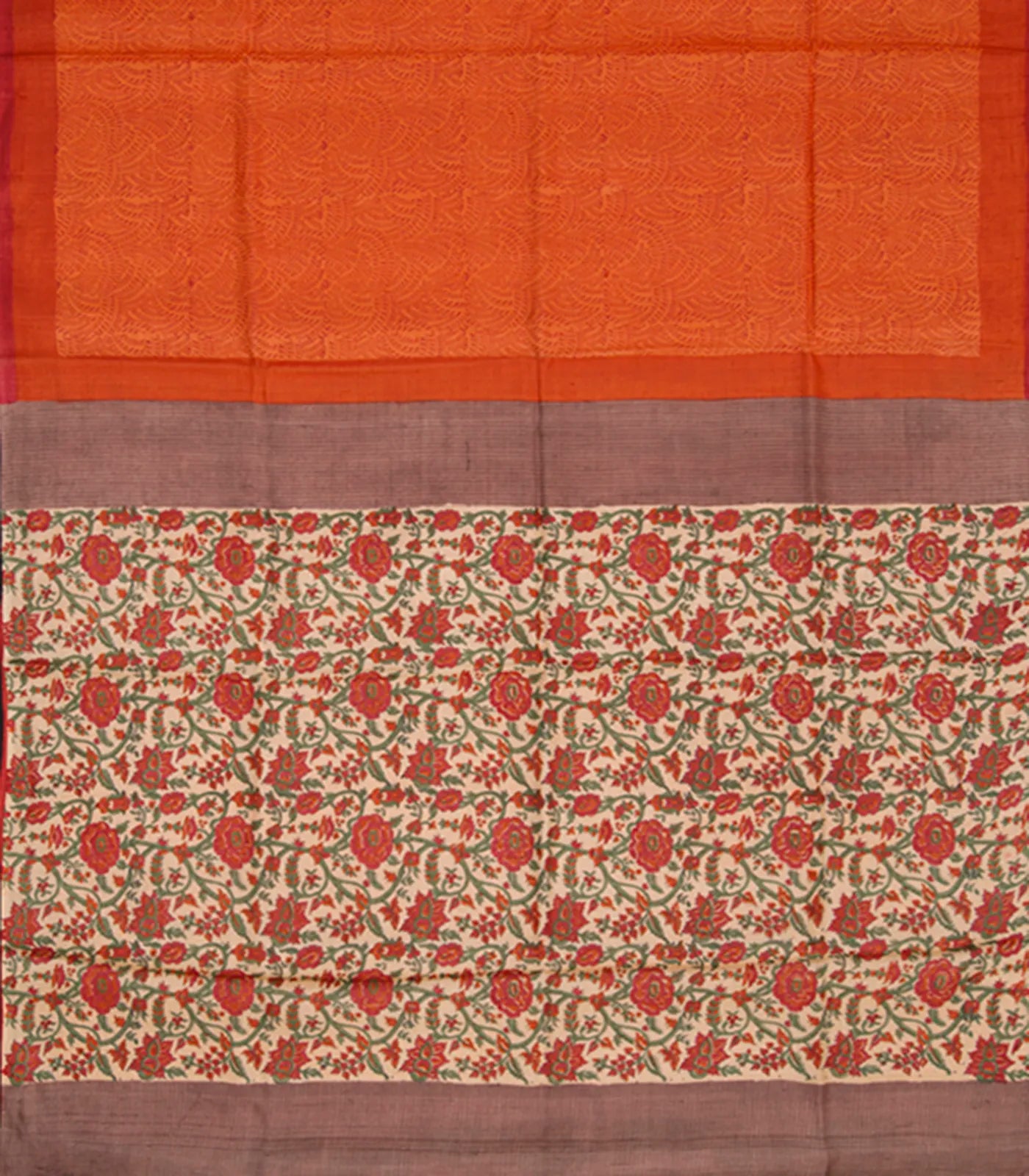 Orange Tussar Silk Saree With Block Print