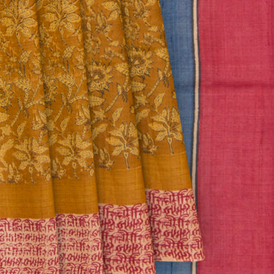 Mustard Tussar Silk Saree Printed