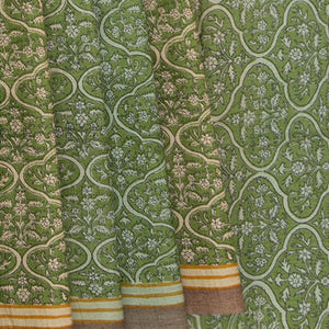 Green Tussar Silk Saree With Hand Block Print