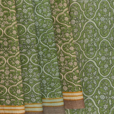 Green Tussar Silk Saree With Hand Block Print