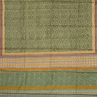 Green Tussar Silk Saree With Hand Block Print