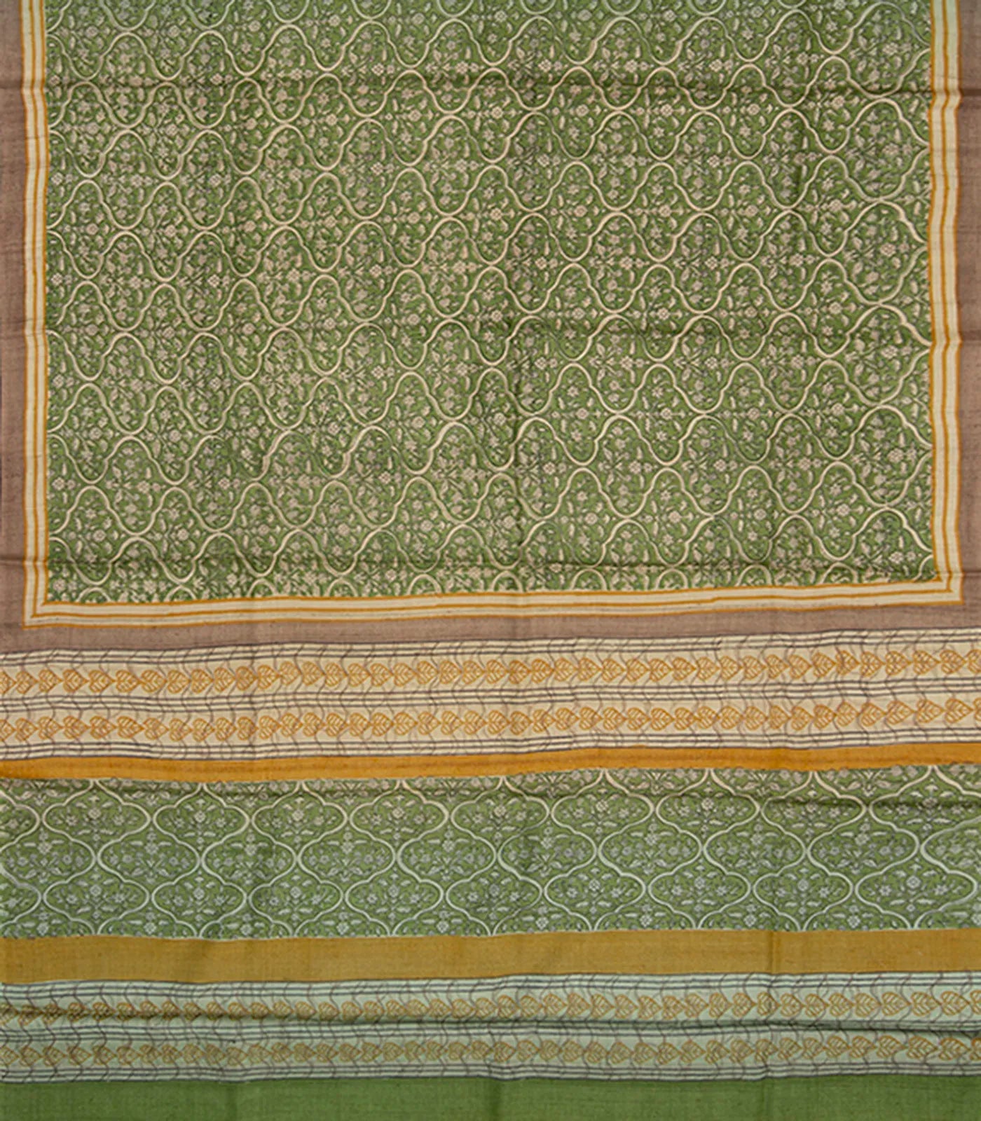 Green Tussar Silk Saree With Hand Block Print