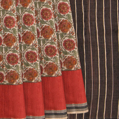 Beige Handwoven Tussar Silk Saree With Print