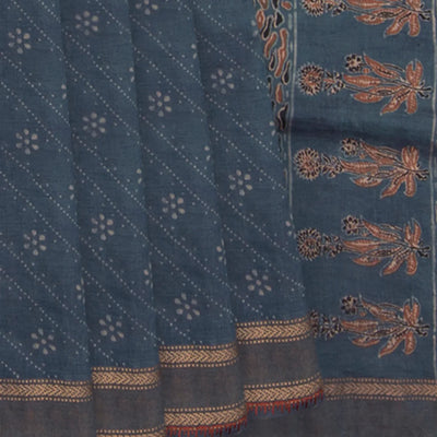 Grey Handwoven Tussar Silk Saree with Ajrak Hand Print