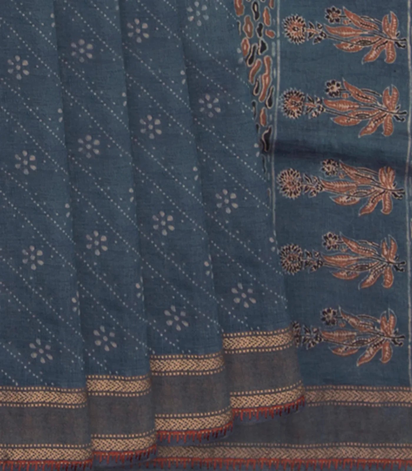 Grey Handwoven Tussar Silk Saree with Ajrak Hand Print