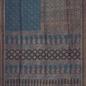 Grey Handwoven Tussar Silk Saree with Ajrak Hand Print