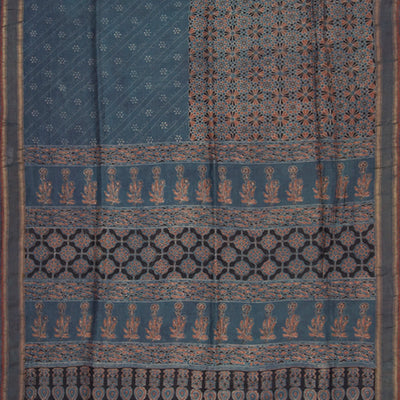 Grey Handwoven Tussar Silk Saree with Ajrak Hand Print