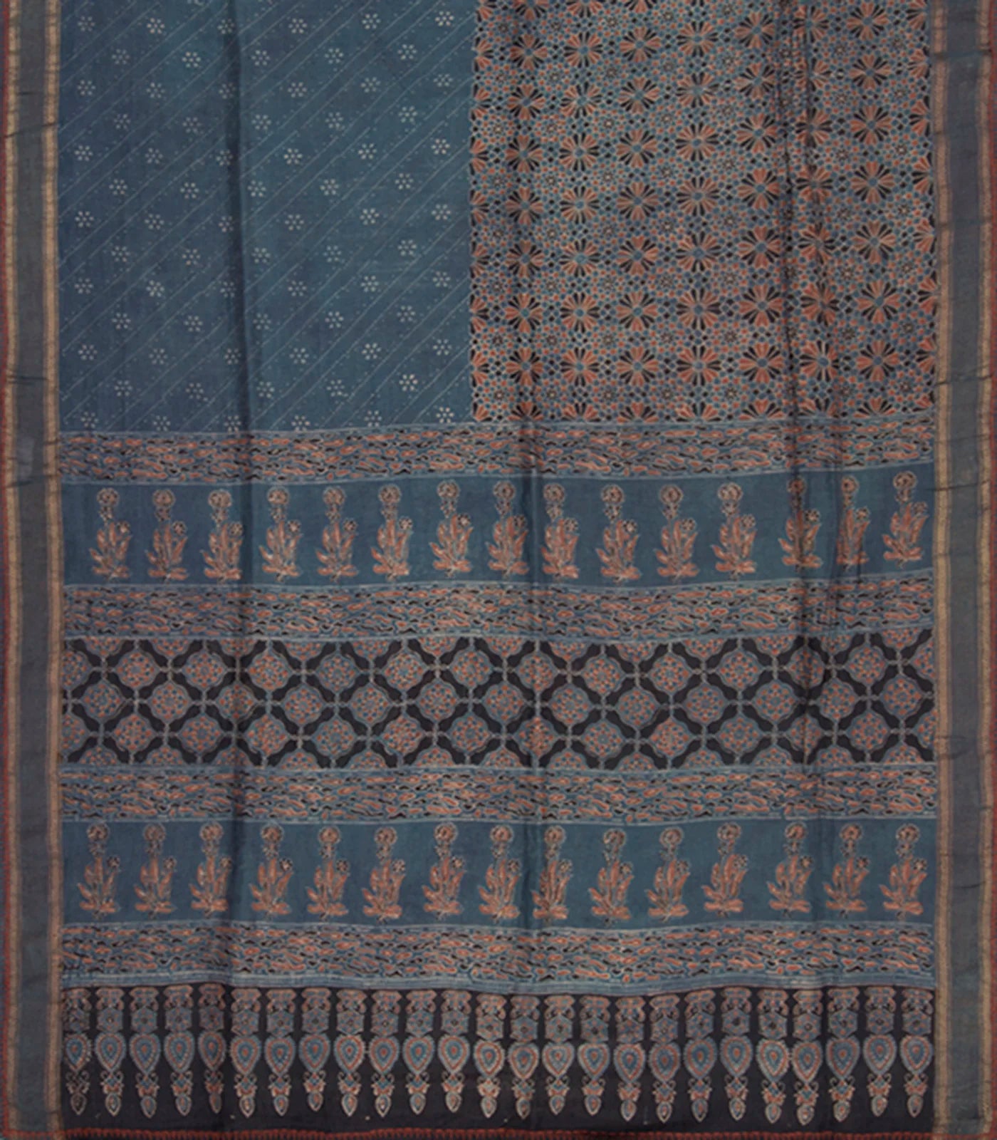 Grey Handwoven Tussar Silk Saree with Ajrak Hand Print