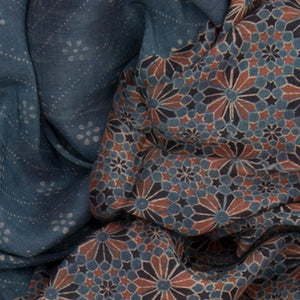 Grey Handwoven Tussar Silk Saree with Ajrak Hand Print