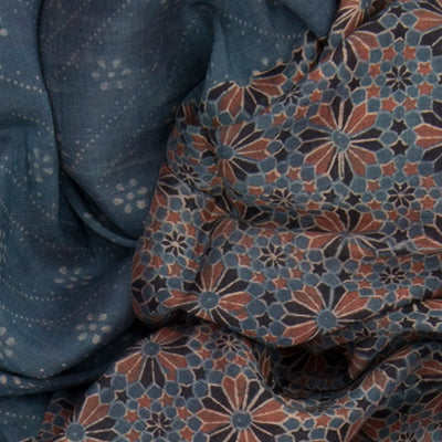 Grey Handwoven Tussar Silk Saree with Ajrak Hand Print