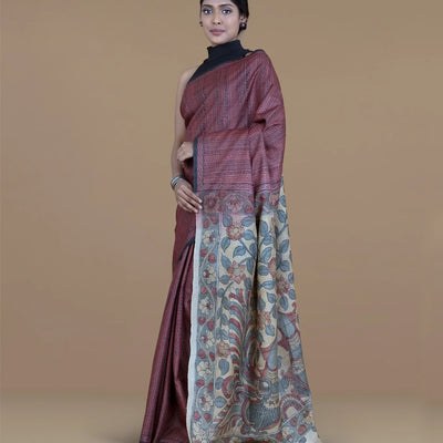 Brown Handloom Tussar Silk Saree With Block Print Chevron Motifs & Kalamkari Hand Painted Pallu & Blouse