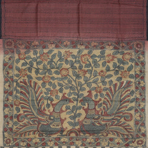 Brown Handloom Tussar Silk Saree With Block Print Chevron Motifs & Kalamkari Hand Painted Pallu & Blouse