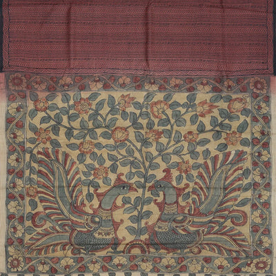 Brown Handloom Tussar Silk Saree With Block Print Chevron Motifs & Kalamkari Hand Painted Pallu & Blouse