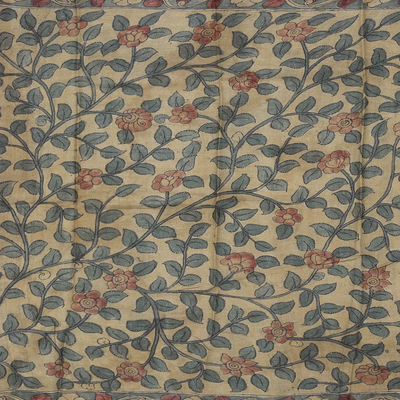 Brown Handloom Tussar Silk Saree With Block Print Chevron Motifs & Kalamkari Hand Painted Pallu & Blouse