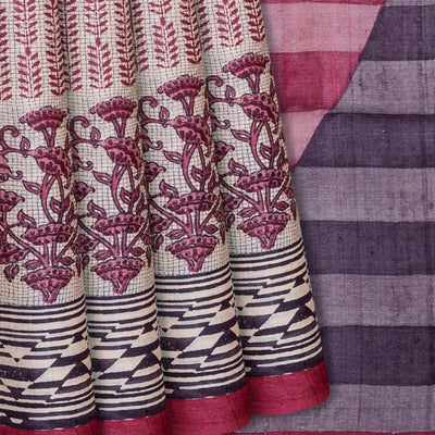 Cream Handloom Tussar Silk Saree With Printed Motifs On Checks-Cream