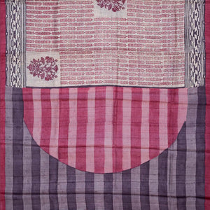 Cream Handloom Tussar Silk Saree With Printed Motifs On Checks-Cream