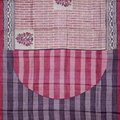 Cream Handloom Tussar Silk Saree With Printed Motifs On Checks-Cream