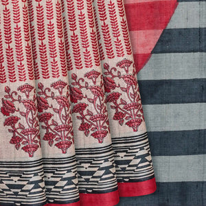 Off White Handloom Tussar Silk Saree With Printed Motifs On Checks-Off White