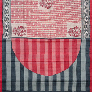 Off White Handloom Tussar Silk Saree With Printed Motifs On Checks-Off White