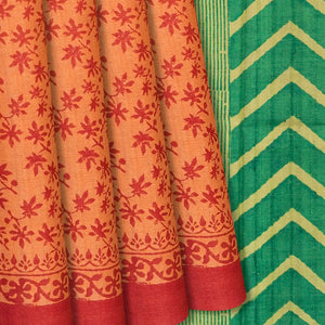 Peach Handloom Tussar Silk Saree With Printed Floral Motif-Peach