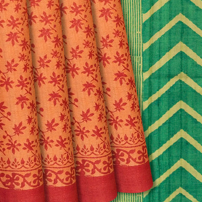 Peach Handloom Tussar Silk Saree With Printed Floral Motif-Peach
