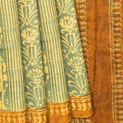 Cardamom Green Handloom Tussar Silk Saree With Printed Floral Motif-Cardamom Green