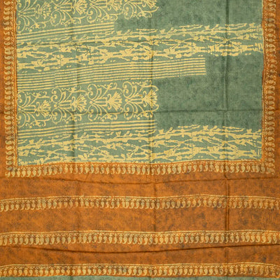 Cardamom Green Handloom Tussar Silk Saree With Printed Floral Motif-Cardamom Green