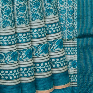 Cyan Handloom Tussar Silk Saree With Printed Floral Vine On Checks-Cyan