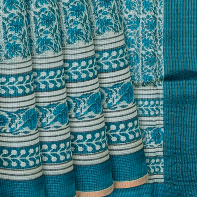 Cyan Handloom Tussar Silk Saree With Printed Floral Vine On Checks-Cyan