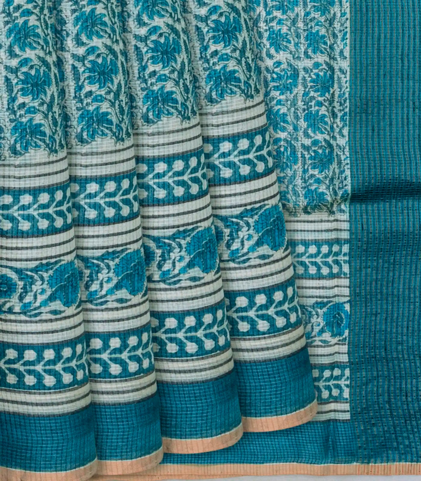 Cyan Handloom Tussar Silk Saree With Printed Floral Vine On Checks-Cyan