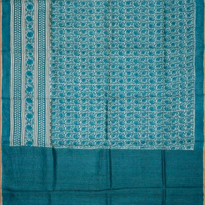 Cyan Handloom Tussar Silk Saree With Printed Floral Vine On Checks-Cyan