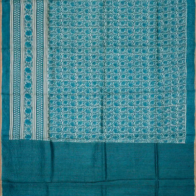 Cyan Handloom Tussar Silk Saree With Printed Floral Vine On Checks-Cyan