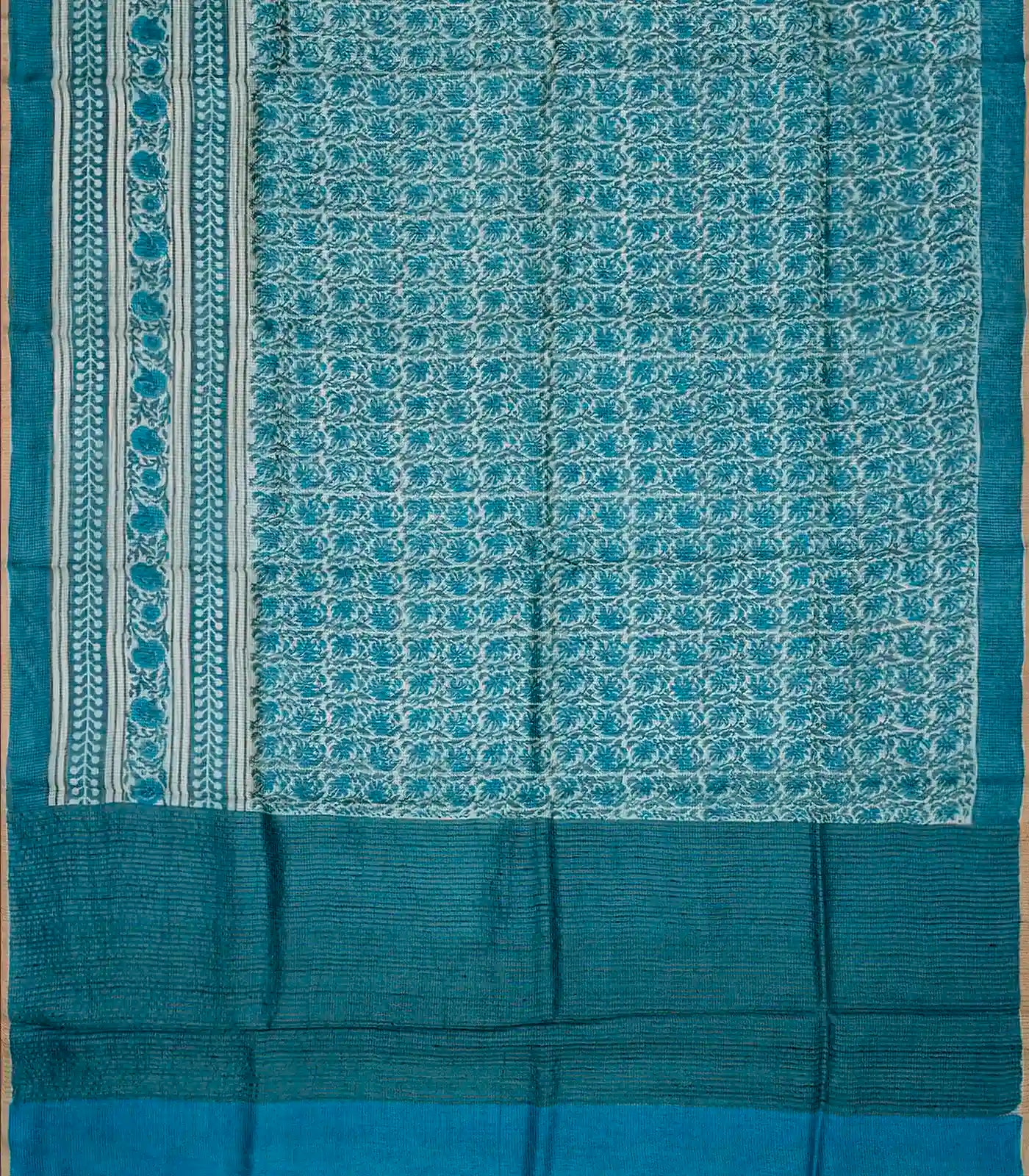 Cyan Handloom Tussar Silk Saree With Printed Floral Vine On Checks-Cyan