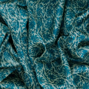 Cyan Handloom Tussar Silk Saree With Printed Floral Vine On Checks-Cyan