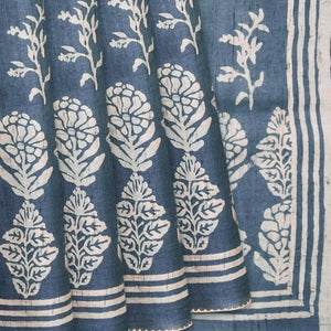 Steel blue Handloom Tussar Silk Saree With Printed Floral Motifs-Steel Blue