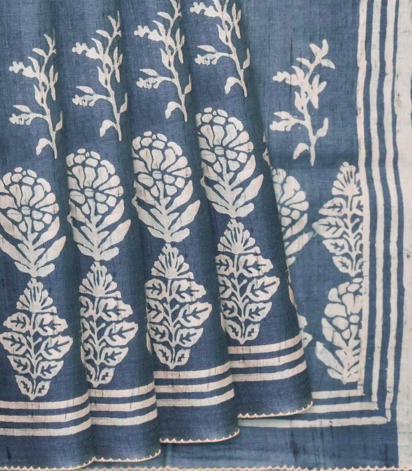 Steel blue Handloom Tussar Silk Saree With Printed Floral Motifs-Steel Blue