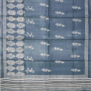 Steel blue Handloom Tussar Silk Saree With Printed Floral Motifs-Steel Blue
