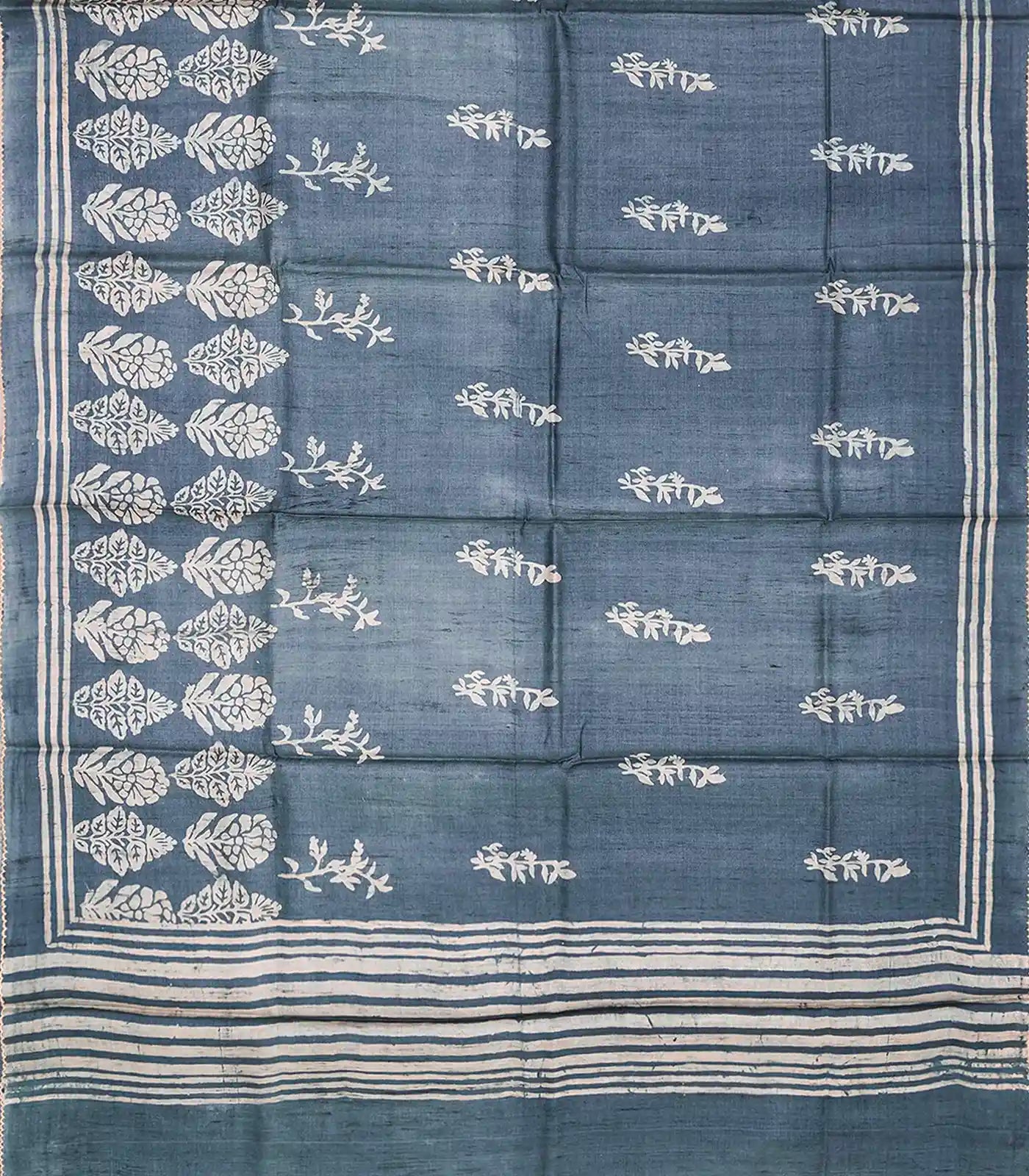 Steel blue Handloom Tussar Silk Saree With Printed Floral Motifs-Steel Blue