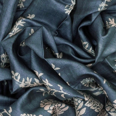 Steel blue Handloom Tussar Silk Saree With Printed Floral Motifs-Steel Blue