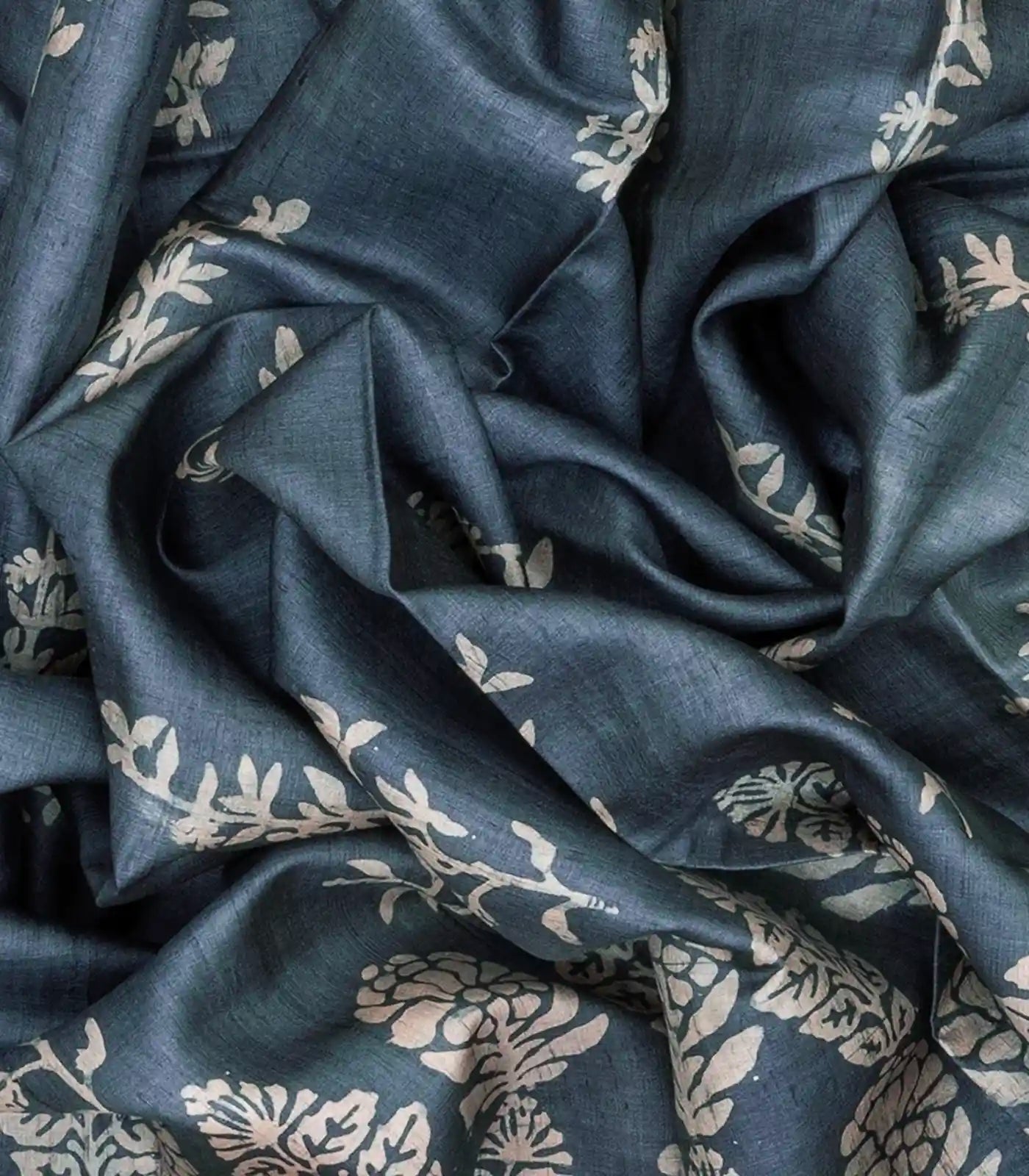 Steel blue Handloom Tussar Silk Saree With Printed Floral Motifs-Steel Blue