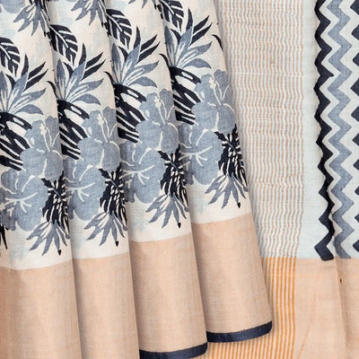 Cream Handloom Tussar Silk Saree With Printed Floral Motifs-Cream
