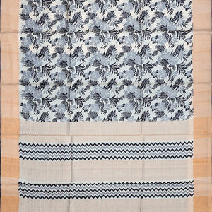 Cream Handloom Tussar Silk Saree With Printed Floral Motifs-Cream