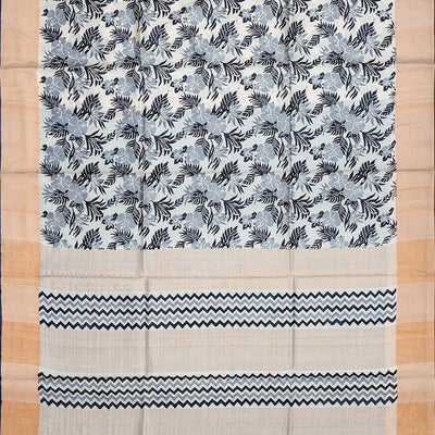 Cream Handloom Tussar Silk Saree With Printed Floral Motifs-Cream
