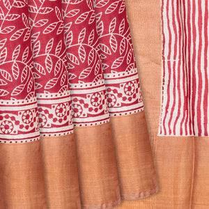 Red Handloom Tussar Silk Saree With Printed Floral Vine Motifs-Red