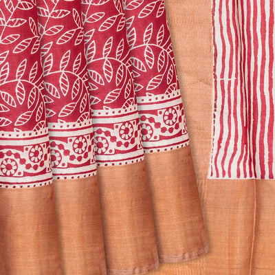 Red Handloom Tussar Silk Saree With Printed Floral Vine Motifs-Red